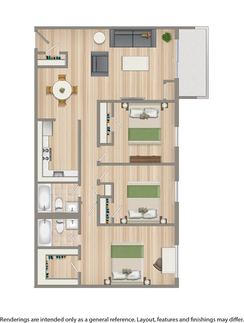 Floor plan for 3 beds, 2 baths, 878 sqft
